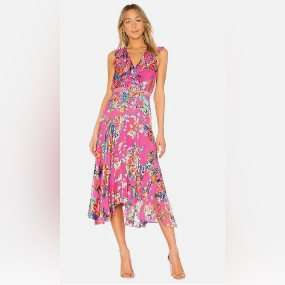 Saloni - Pink Floral Silk Midi Dress